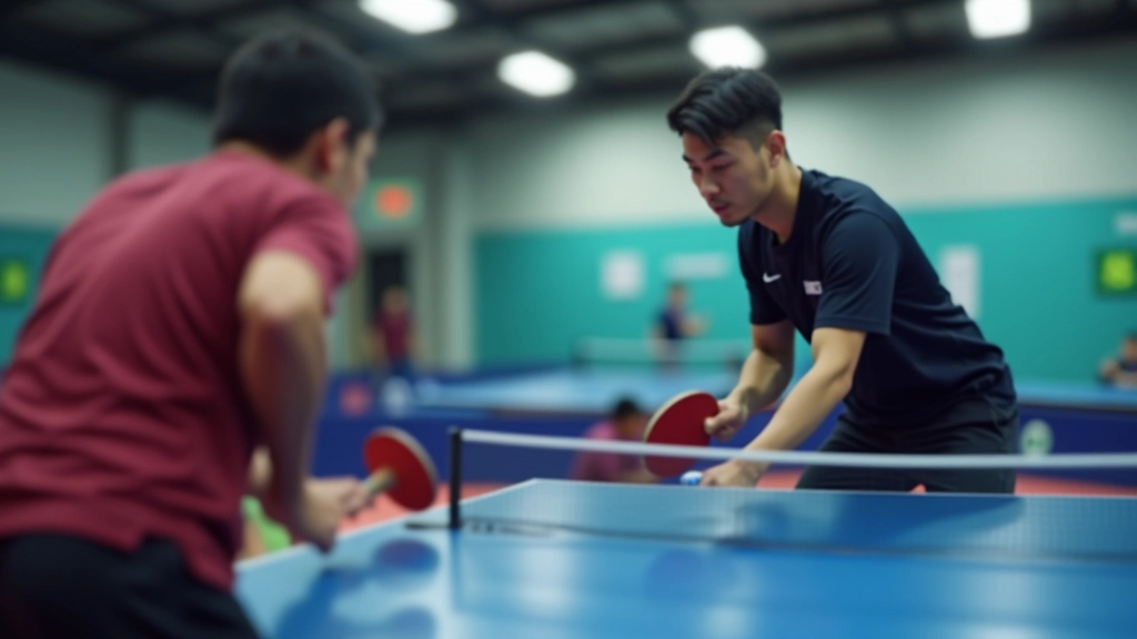 لاعبو تنس الطاولة في تدريبات التموضع الثنائي بداخل صالة حديثة مضاءة بشكل احترافي